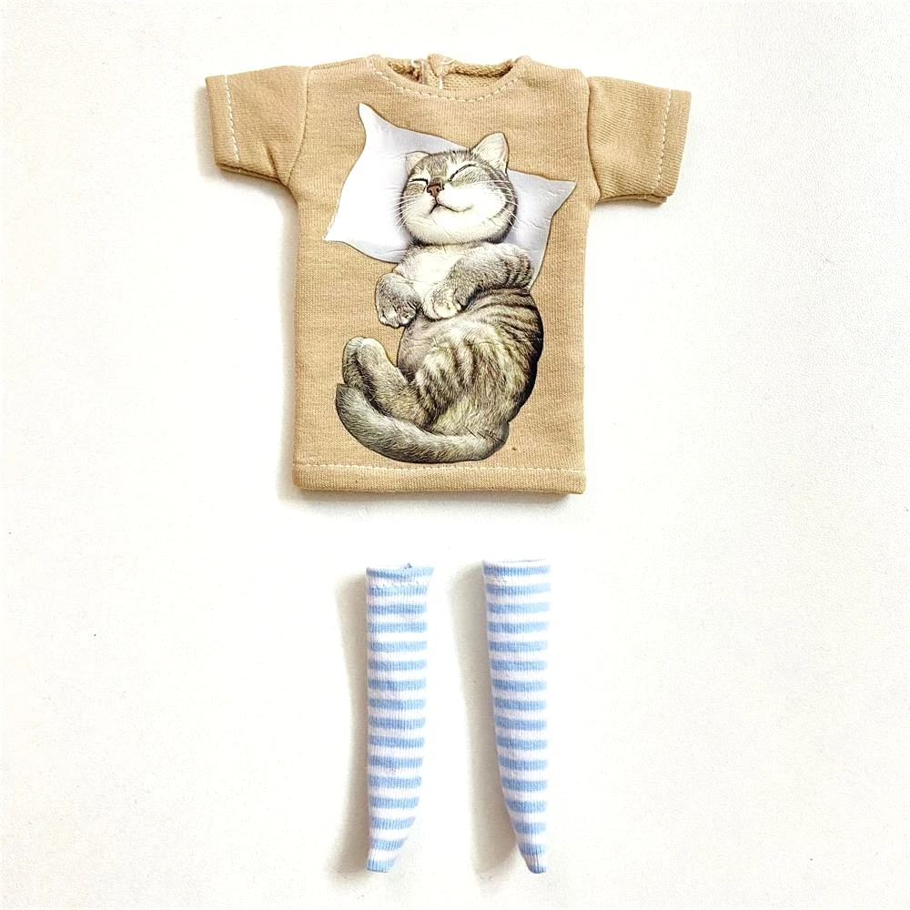 2 pcs/set of Blyth doll costume, cartoon animal print short T-shirt + striped socks, can be used for 1/6 doll