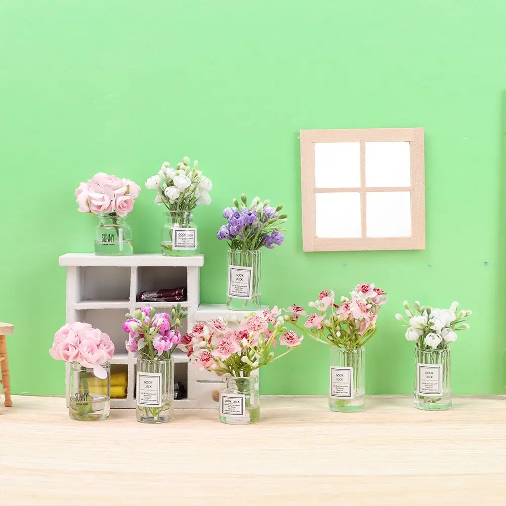 1:12 Scale Dollhouse Flower Vase Doll Accessories Pink Rose White Jasmine Mini Floral Arrangement Miniature Model Furnitue Gift