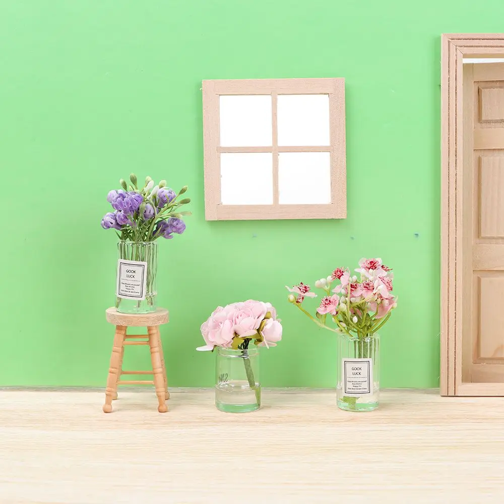 1:12 Scale Dollhouse Flower Vase Doll Accessories Pink Rose White Jasmine Mini Floral Arrangement Miniature Model Furnitue Gift