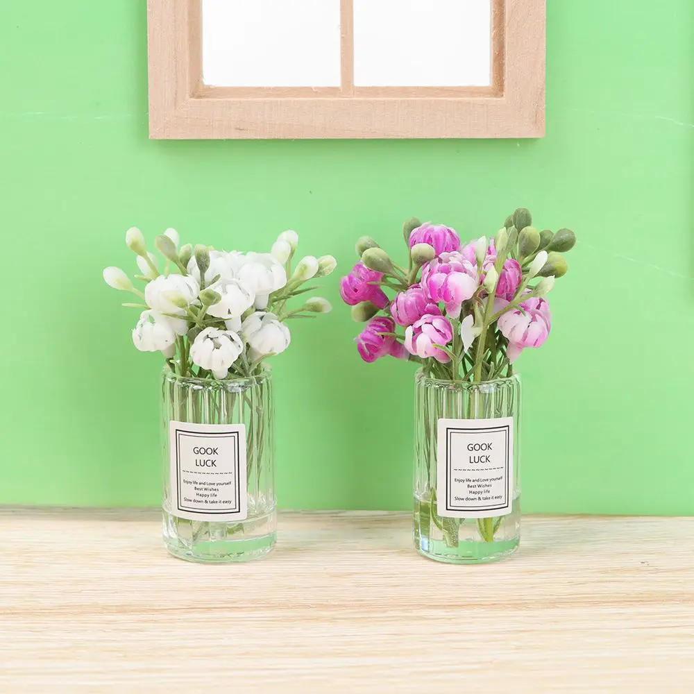 1:12 Scale Dollhouse Flower Vase Doll Accessories Pink Rose White Jasmine Mini Floral Arrangement Miniature Model Furnitue Gift