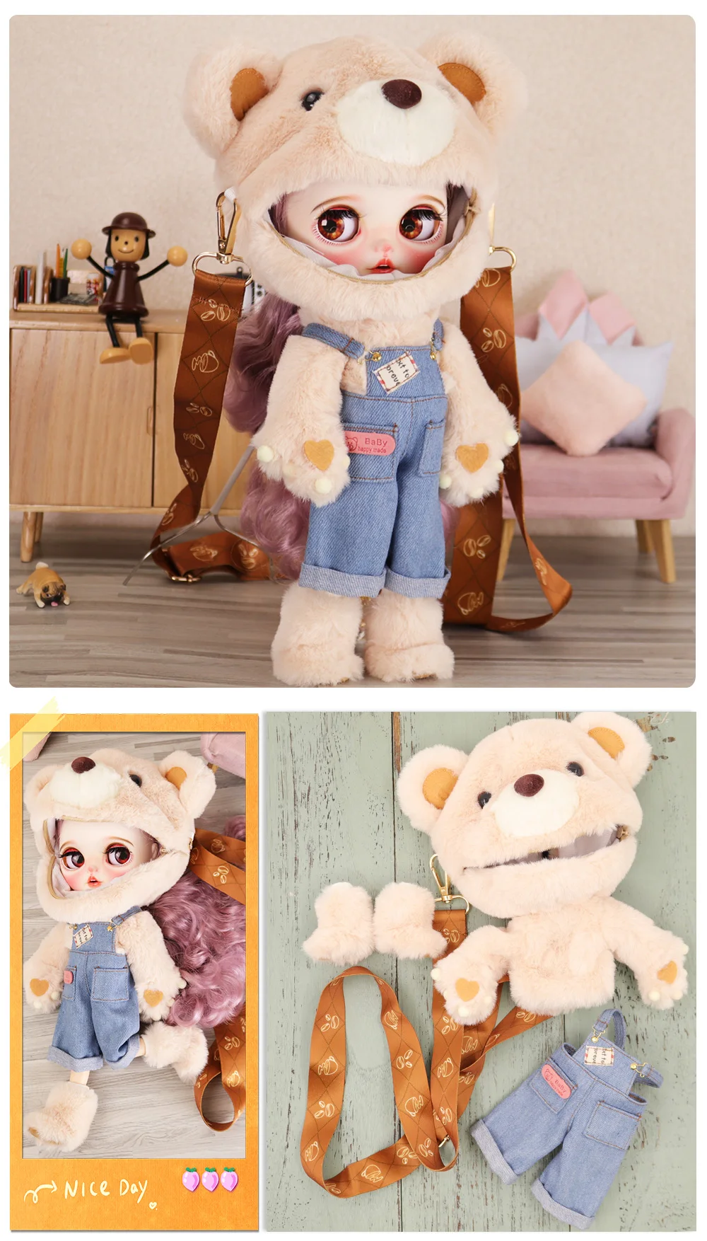 Traveling Bag Bear Clothes for ICY DBS BLYTHE 30cm Dolls Outgoing Packets 1/6 BJD OB24 ANIME GIRL Pullip BB Girl