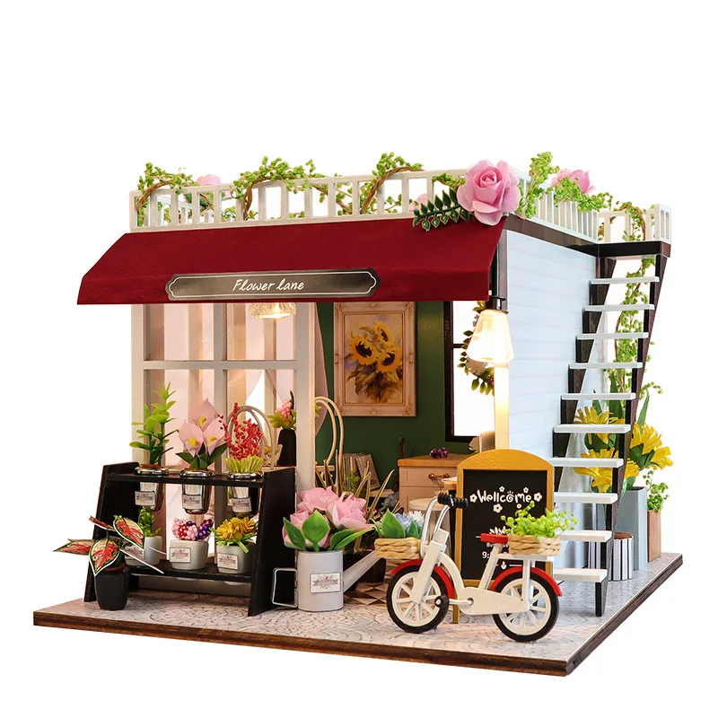 No Original Box Clearance DIY Wooden Doll Houses Miniature Building Kit Desert Store Casa Flower Villa Dollhouse Assembly Toys