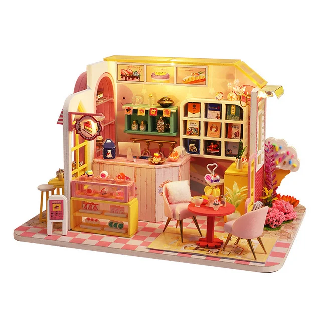 No Original Box Clearance DIY Wooden Doll Houses Miniature Building Kit Desert Store Casa Flower Villa Dollhouse Assembly Toys
