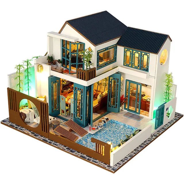 No Original Box Clearance DIY Wooden Doll Houses Miniature Building Kit Desert Store Casa Flower Villa Dollhouse Assembly Toys