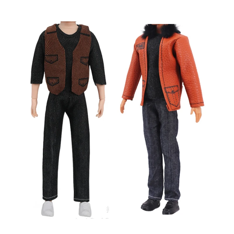 2 Sets/Pack Handmade Fashion Leather Clothes for Doll 11.5in/30cm Casual Cool Style 3pcs/Set Jacket Coat Vest and Pants