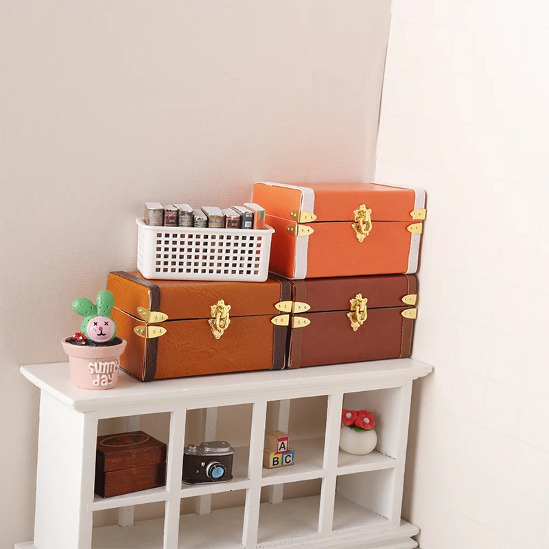 1:12 Dollhouse Miniature Suitcase Vintage Leather Luggage Box Storage Box Home Model Decor Toy Doll House Accessories