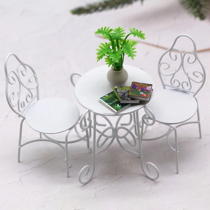 1Set 1:12 Dollhouse Miniature Table Chair Set Iron Art Tea Table Chairs Balcony Outdoor Garden Model Doll Home Furniture Decor