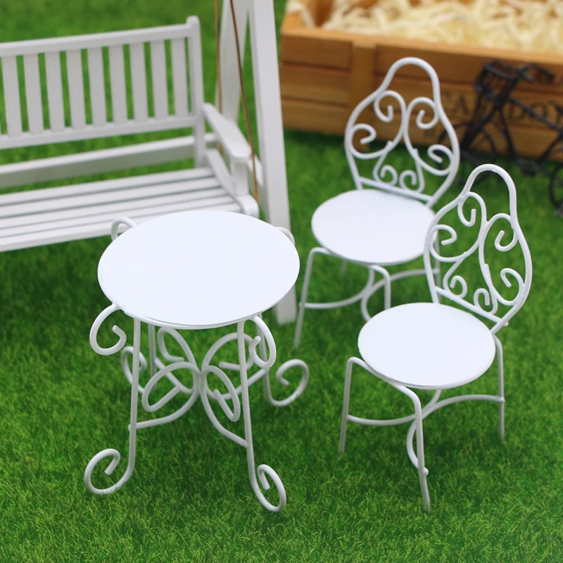 1Set 1:12 Dollhouse Miniature Table Chair Set Iron Art Tea Table Chairs Balcony Outdoor Garden Model Doll Home Furniture Decor