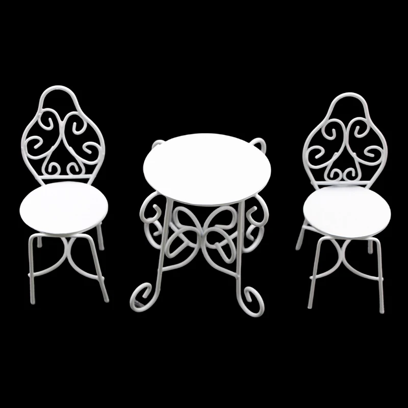 1Set 1:12 Dollhouse Miniature Table Chair Set Iron Art Tea Table Chairs Balcony Outdoor Garden Model Doll Home Furniture Decor