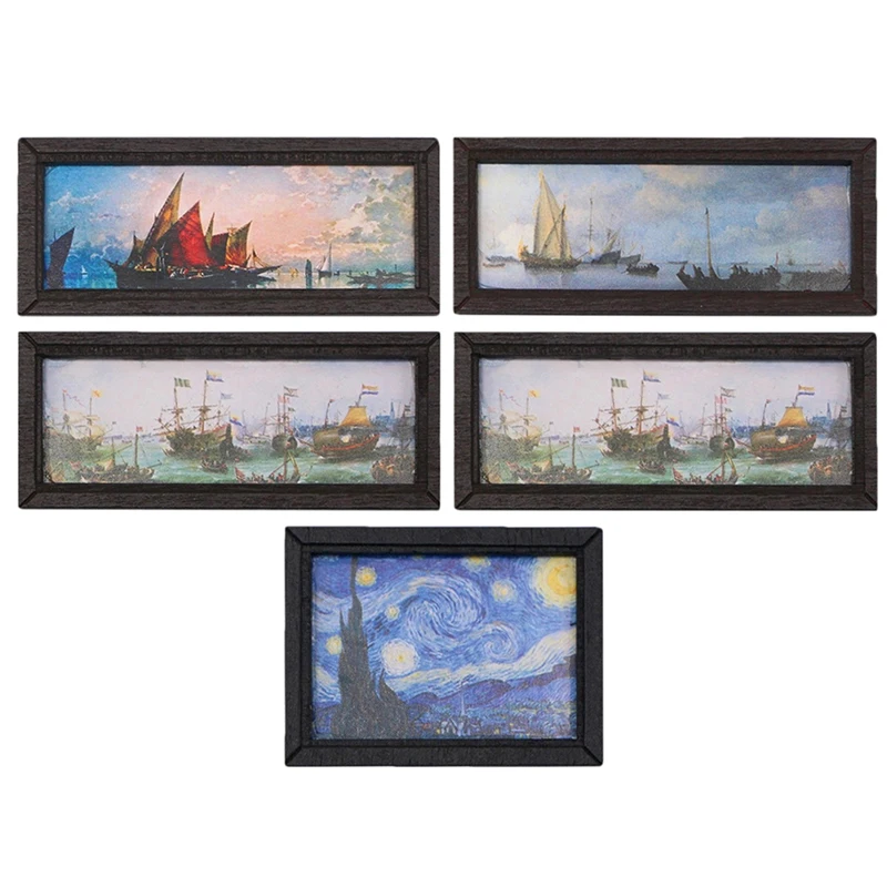 8Pcs/Set 1:12 Dollhouse Miniature Vintage Oil Painting Mural Photos Wall Picture Scene Decor Doll House Accessories
