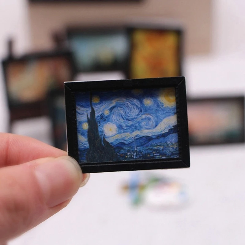 8Pcs/Set 1:12 Dollhouse Miniature Vintage Oil Painting Mural Photos Wall Picture Scene Decor Doll House Accessories