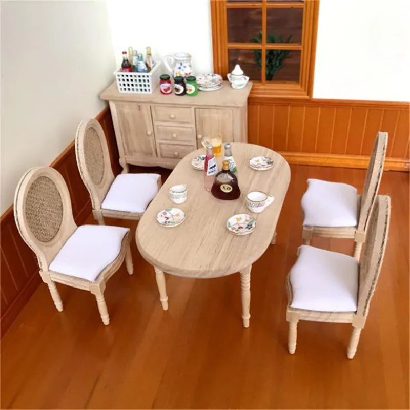 5Pcs/Set 1:12 Dollhouse Miniature Wooden Dining Table Chair Set Doll House Kitchen Furniture Toy