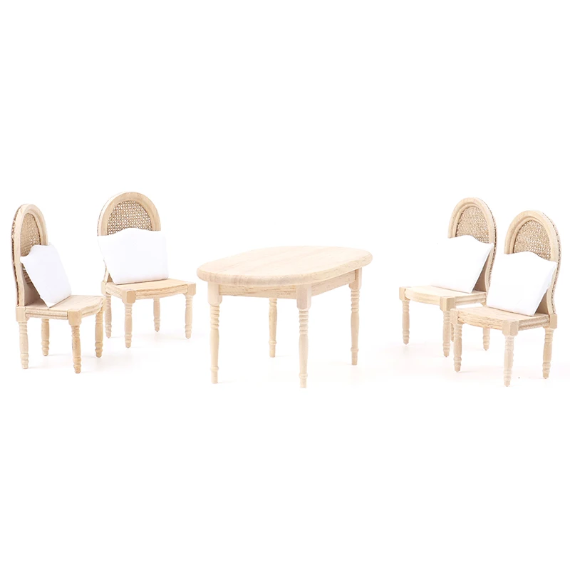 5Pcs/Set 1:12 Dollhouse Miniature Wooden Dining Table Chair Set Doll House Kitchen Furniture Toy