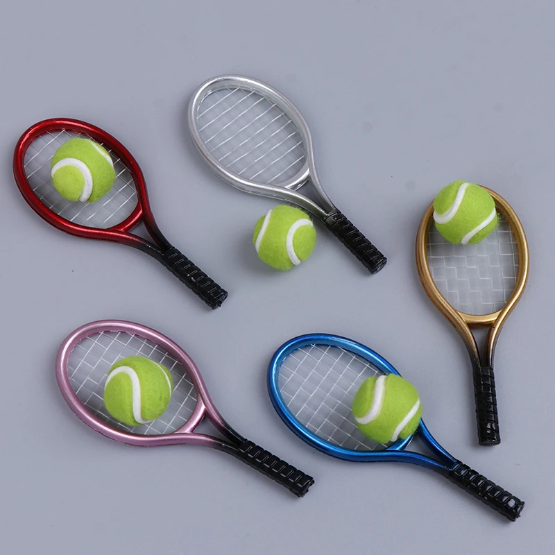 2Pcs/set 1:6 /1:12 Miniature Children Garden Mini Tennis Racket & Ball Gift Doll House Dollhouse Accessories