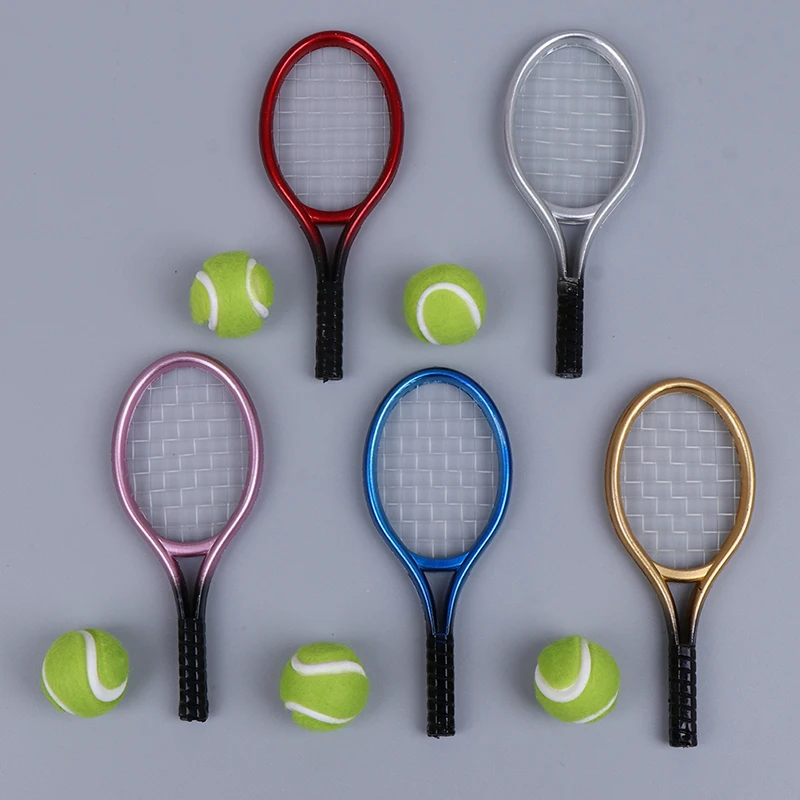 2Pcs/set 1:6 /1:12 Miniature Children Garden Mini Tennis Racket & Ball Gift Doll House Dollhouse Accessories