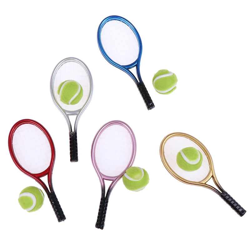 2Pcs/set 1:6 /1:12 Miniature Children Garden Mini Tennis Racket & Ball Gift Doll House Dollhouse Accessories