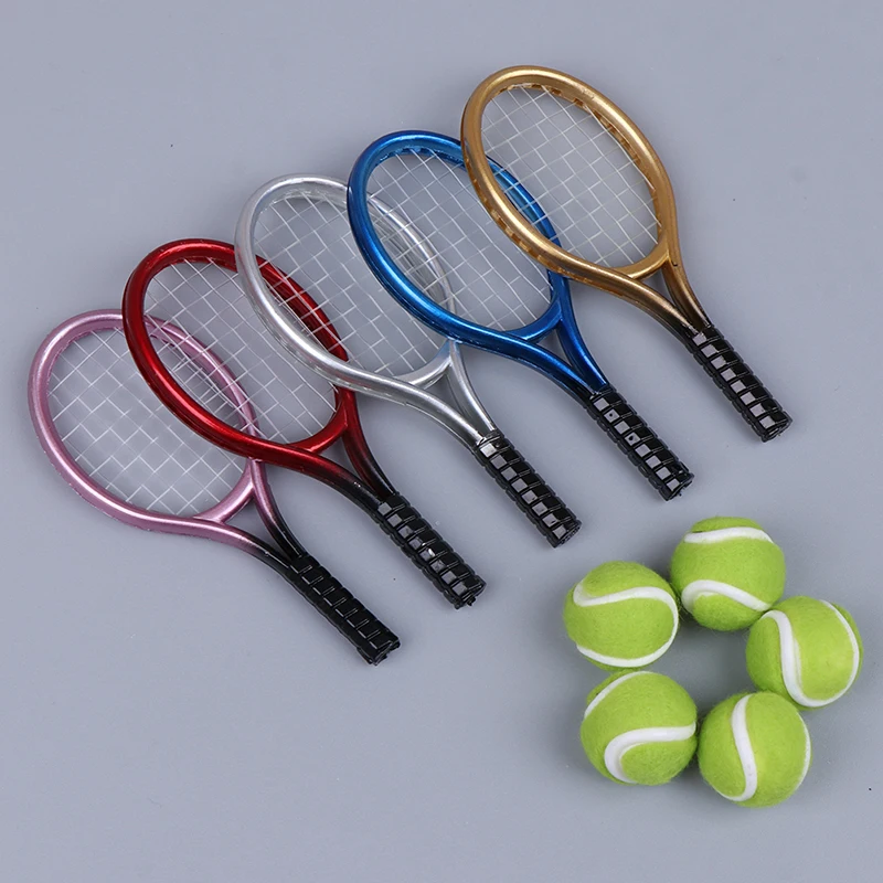2Pcs/set 1:6 /1:12 Miniature Children Garden Mini Tennis Racket & Ball Gift Doll House Dollhouse Accessories
