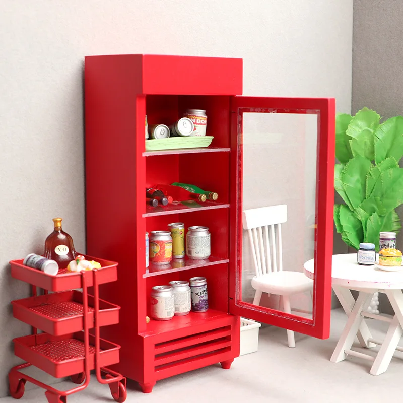 Doll house Mini Furniture Wooden Refrigerator Scene Beverage Color Freezer