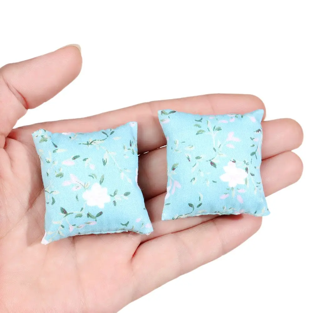2PCS 1:12 Scale Toys Furniture Cushion Mini Dollhouse Pillows For Couch Sofa Floral Printed Miniature Cushions Doll Accessories