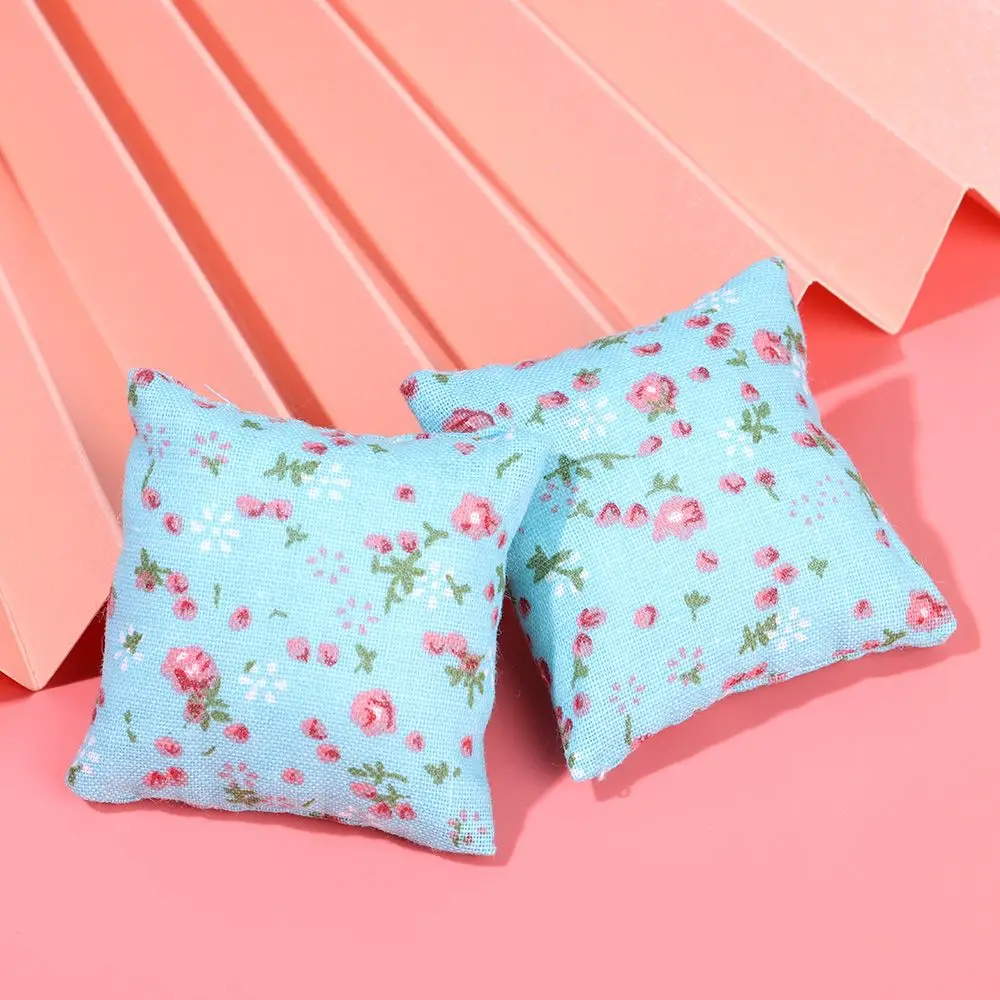 2PCS 1:12 Scale Toys Furniture Cushion Mini Dollhouse Pillows For Couch Sofa Floral Printed Miniature Cushions Doll Accessories