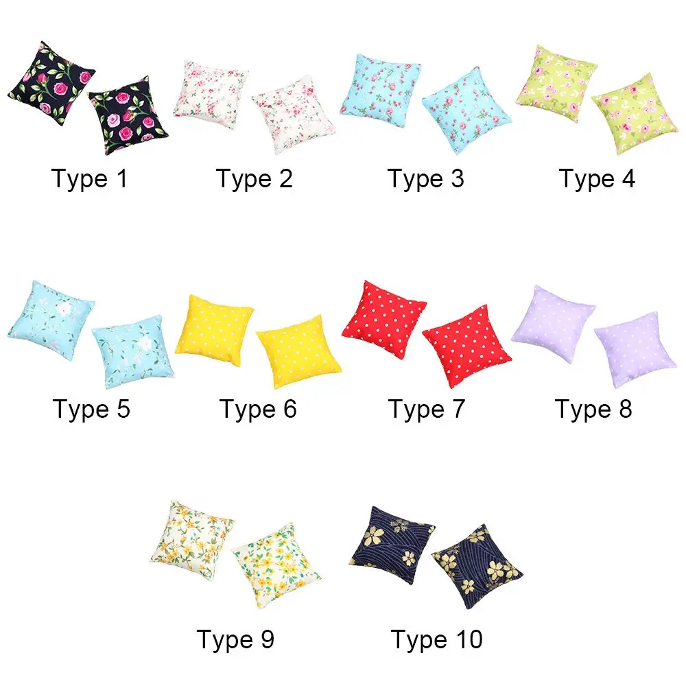 2PCS 1:12 Scale Toys Furniture Cushion Mini Dollhouse Pillows For Couch Sofa Floral Printed Miniature Cushions Doll Accessories