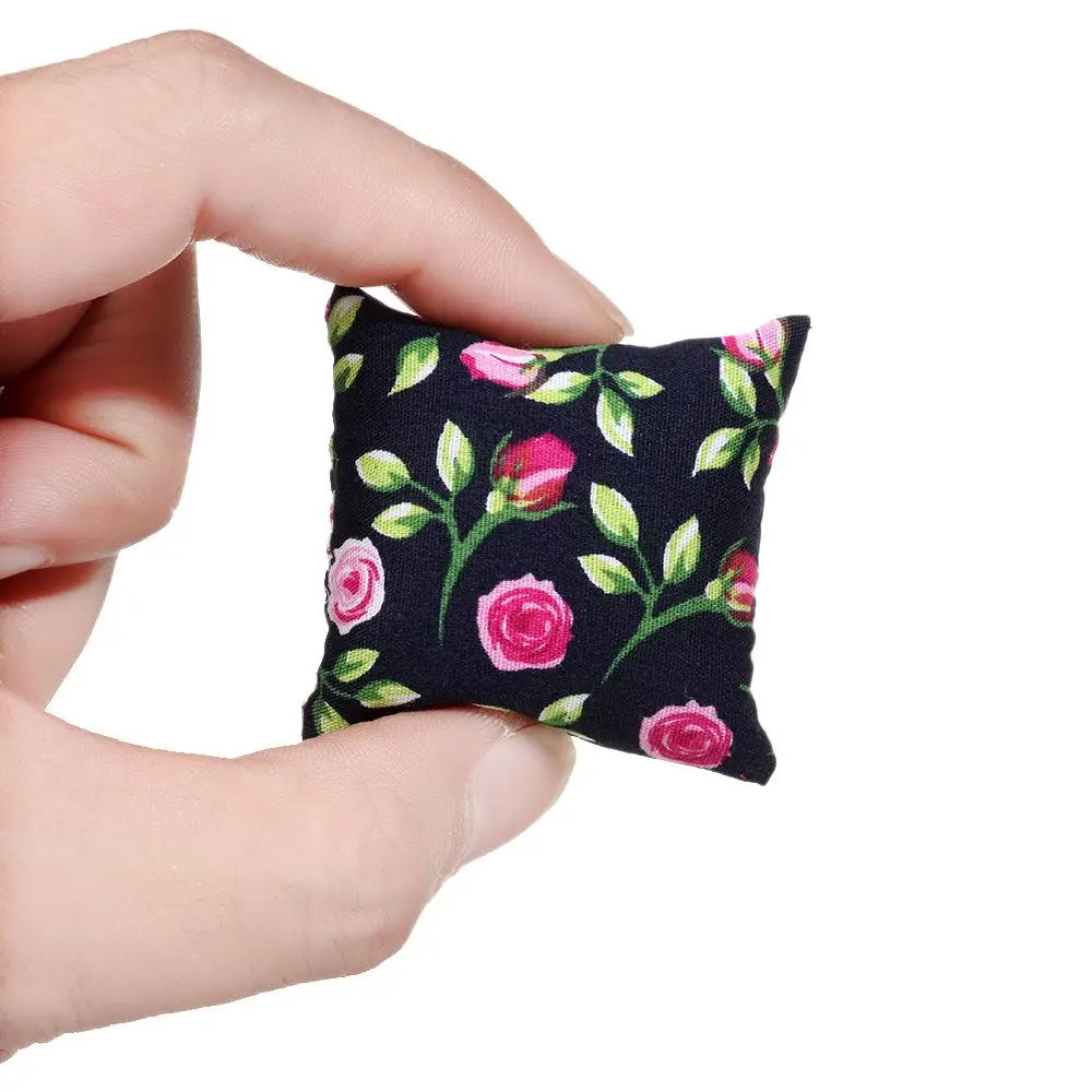 2PCS 1:12 Scale Toys Furniture Cushion Mini Dollhouse Pillows For Couch Sofa Floral Printed Miniature Cushions Doll Accessories