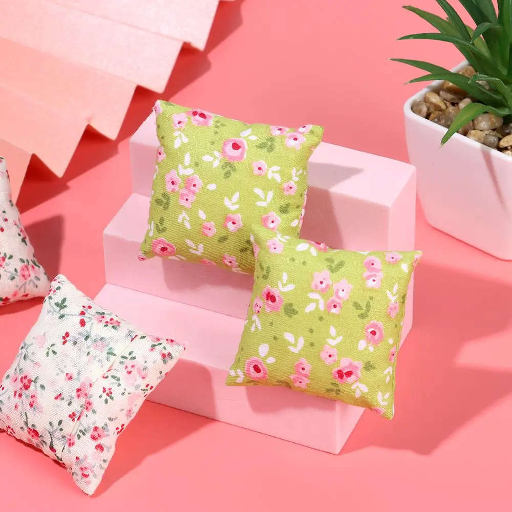 2PCS 1:12 Scale Toys Furniture Cushion Mini Dollhouse Pillows For Couch Sofa Floral Printed Miniature Cushions Doll Accessories