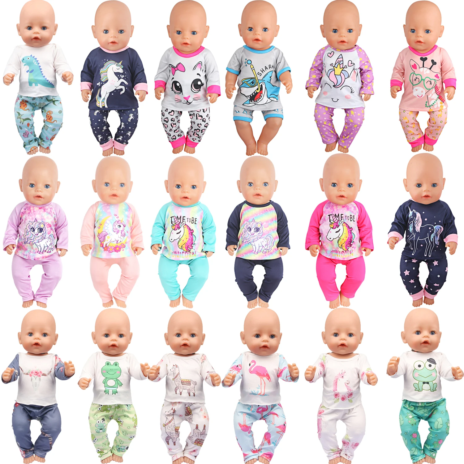 Doll Clothes Pajamas For 43cm Baby Reborn&American 18 Inch Girl Doll Unicorn Frog Shark Cartoon Clothes Suit For Generation Doll