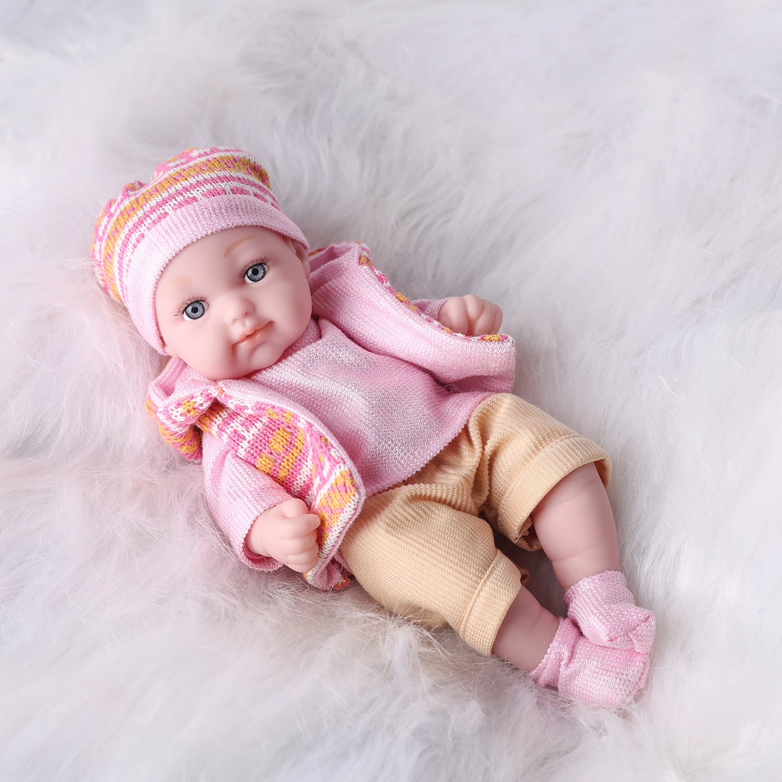 11Inches Realistic Simulation Newreborn Baby Dolls Pink Pattern Hat Stocking & Clothes Birthday Gift for Girl's Birthday Gift