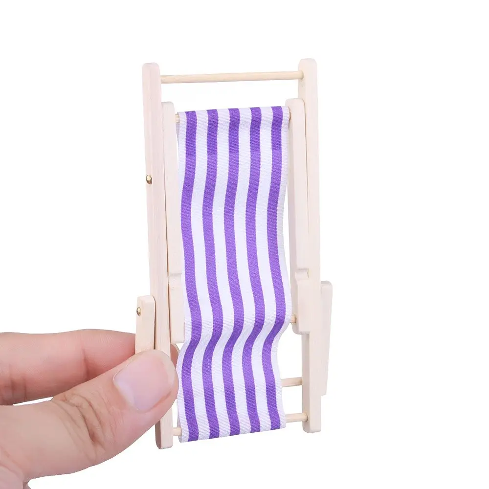 Wooden Lounge Chair Striped for 1/12 Dollhouse Miniature Furniture Beach Chair Folding Stripe Deck Doll House Garden Decor
