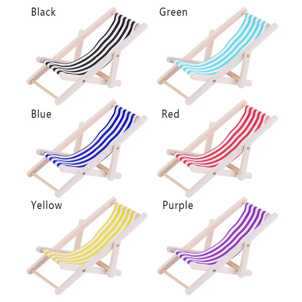 Wooden Lounge Chair Striped for 1/12 Dollhouse Miniature Furniture Beach Chair Folding Stripe Deck Doll House Garden Decor