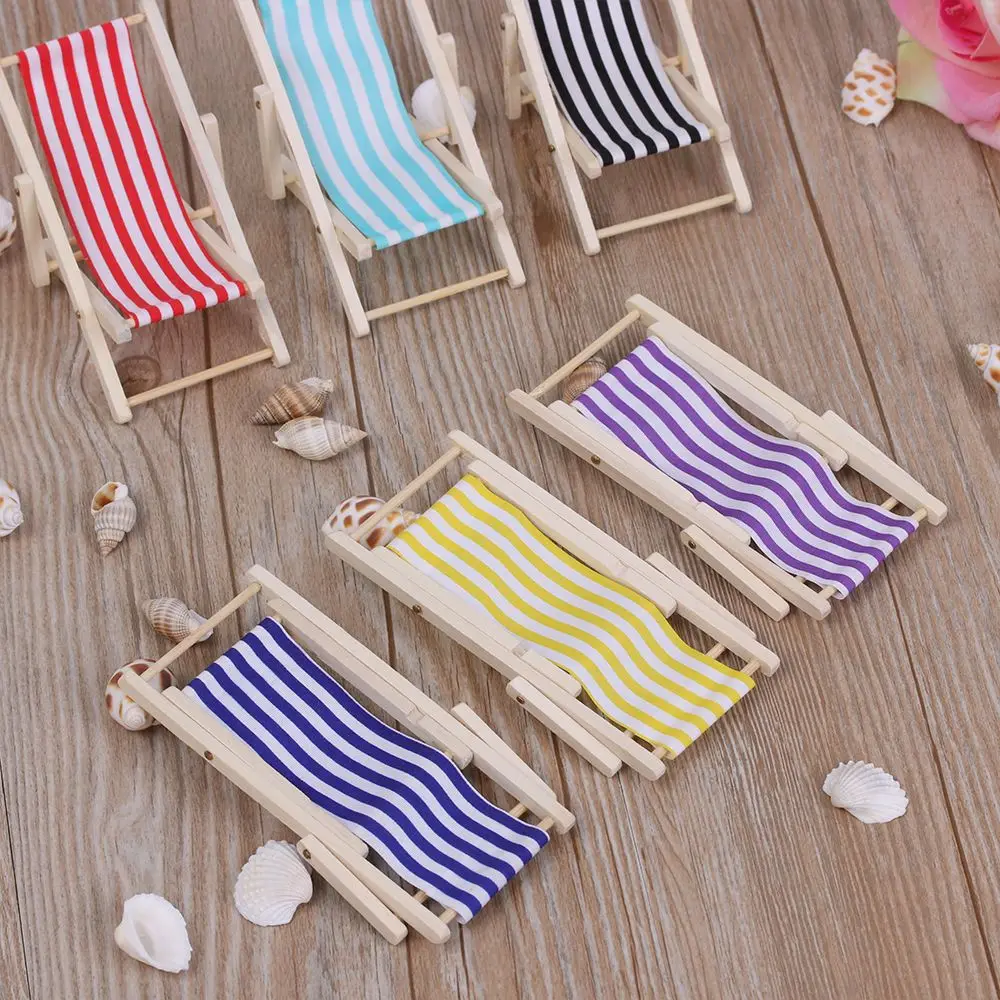 Wooden Lounge Chair Striped for 1/12 Dollhouse Miniature Furniture Beach Chair Folding Stripe Deck Doll House Garden Decor