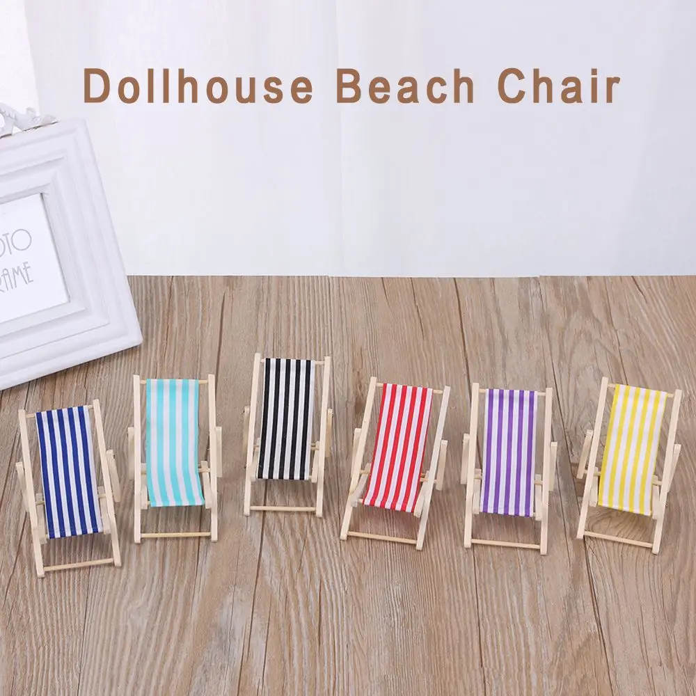 Wooden Lounge Chair Striped for 1/12 Dollhouse Miniature Furniture Beach Chair Folding Stripe Deck Doll House Garden Decor