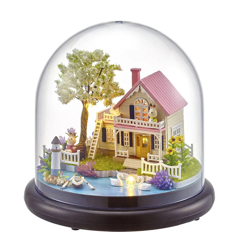 DIY Wooden Doll House Miniature Kits With Furniture Princess Villa Assembled Glass Ball Casa Dollhouse Toys for Girls Gifts