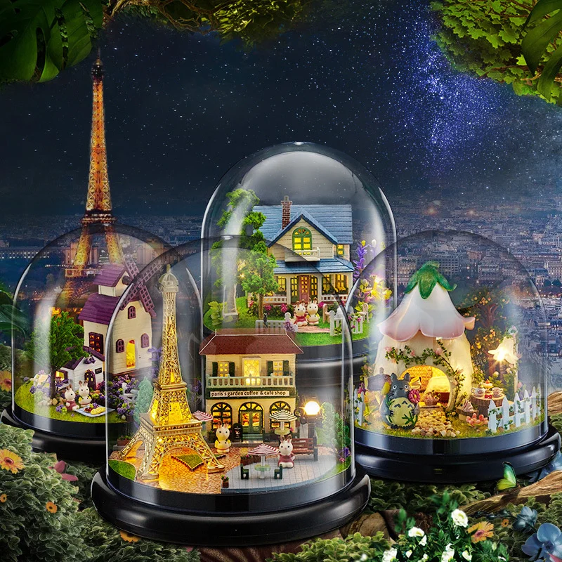 DIY Wooden Doll House Miniature Kits With Furniture Princess Villa Assembled Glass Ball Casa Dollhouse Toys for Girls Gifts
