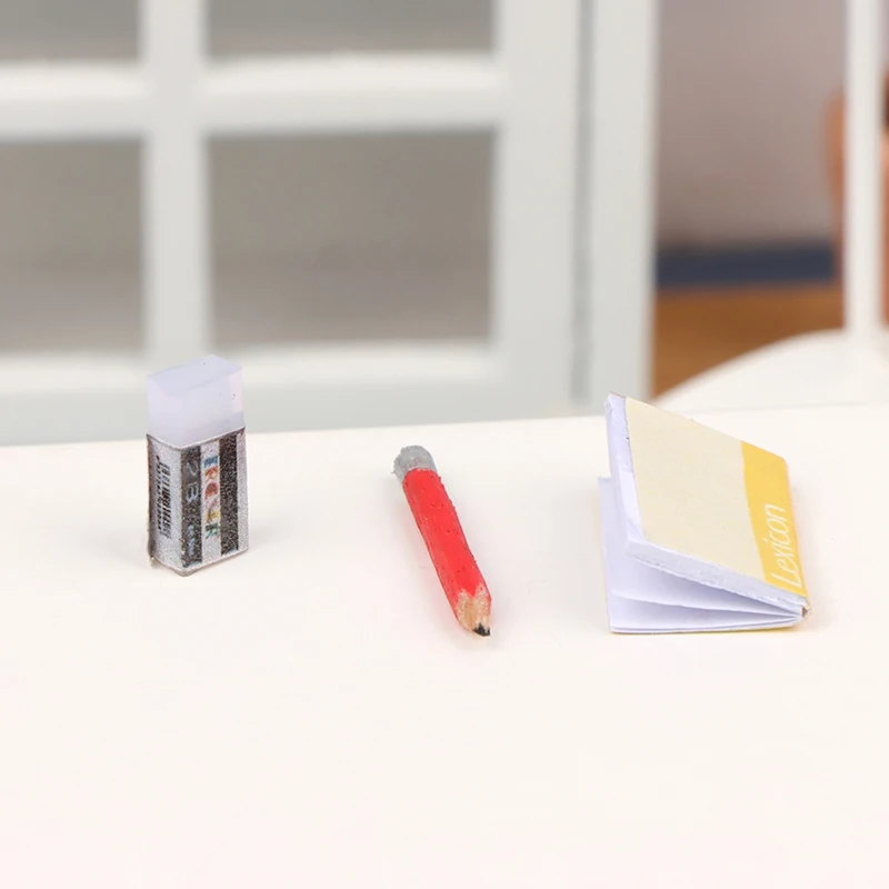 1Set 1:12 Dollhouse Miniature Notebook Pencil Eraser Model For Doll House Decor Accessories Kids Pretend Play Toys