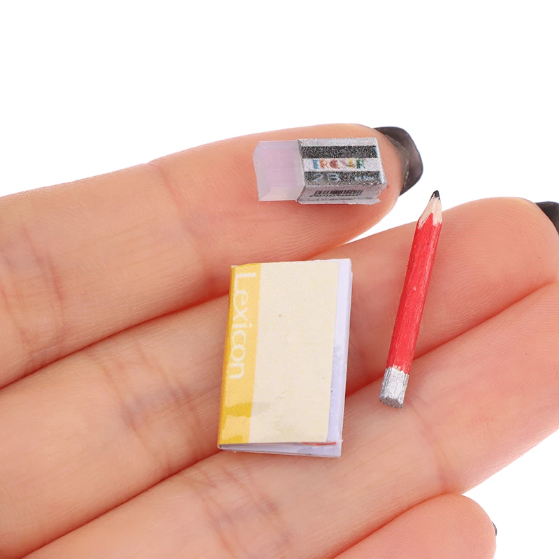 1Set 1:12 Dollhouse Miniature Notebook Pencil Eraser Model For Doll House Decor Accessories Kids Pretend Play Toys