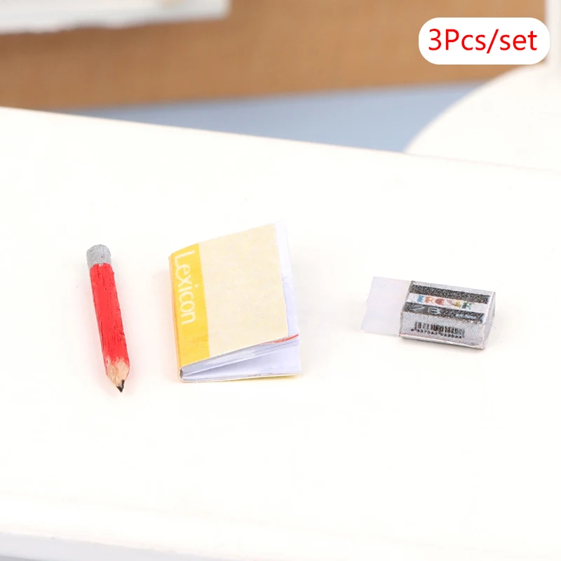 1Set 1:12 Dollhouse Miniature Notebook Pencil Eraser Model For Doll House Decor Accessories Kids Pretend Play Toys