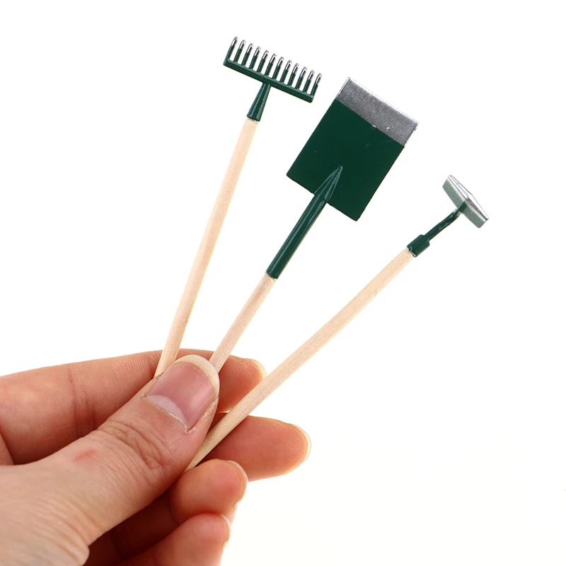 3Pcs 1:12 Dollhouse Miniatures Gardening Shovel Rake Hoes Farm Tool Doll Decor