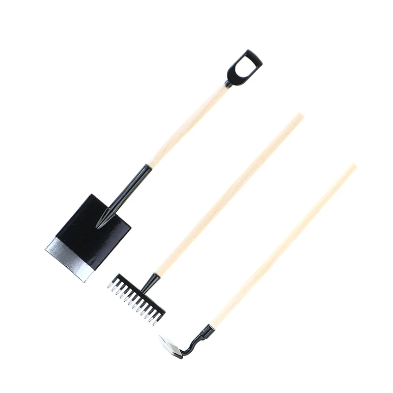 3Pcs 1:12 Dollhouse Miniatures Gardening Shovel Rake Hoes Farm Tool Doll Decor