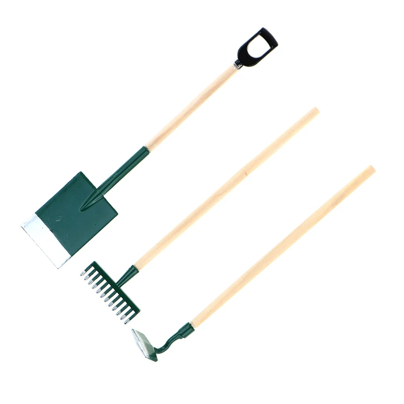 3Pcs 1:12 Dollhouse Miniatures Gardening Shovel Rake Hoes Farm Tool Doll Decor