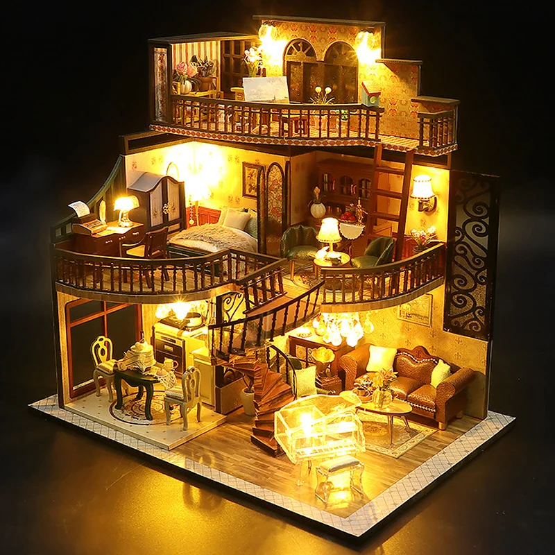 Retro Magic City DIY Wooden Doll Houses Assembled Building Kits With Furniture LED Lights Home Decoration Adult Handmade Gifts