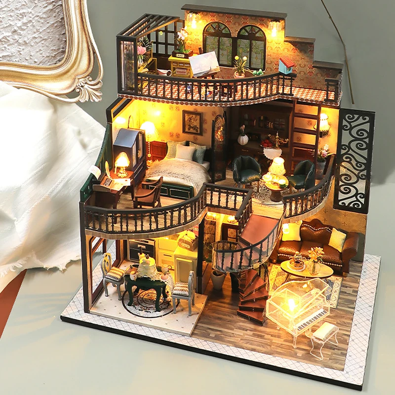 Retro Magic City DIY Wooden Doll Houses Assembled Building Kits With Furniture LED Lights Home Decoration Adult Handmade Gifts