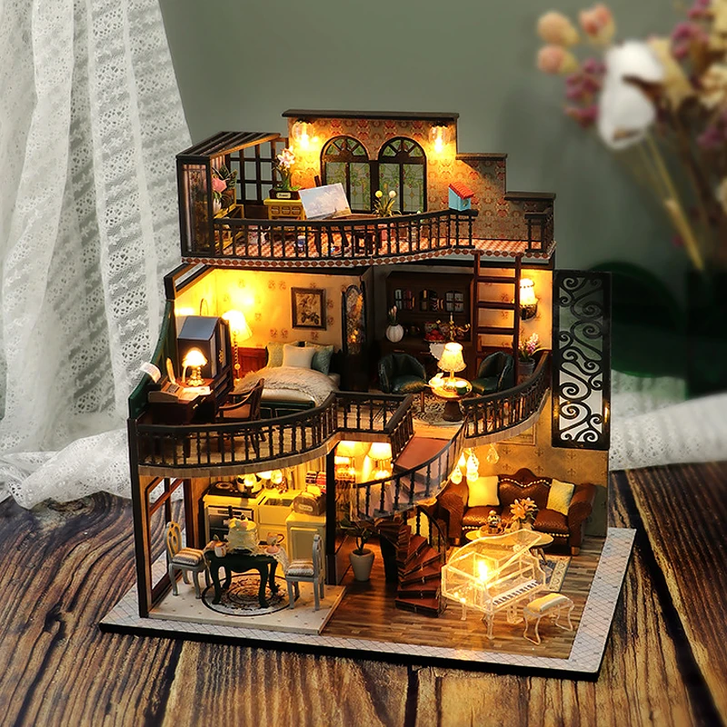 Retro Magic City DIY Wooden Doll Houses Assembled Building Kits With Furniture LED Lights Home Decoration Adult Handmade Gifts