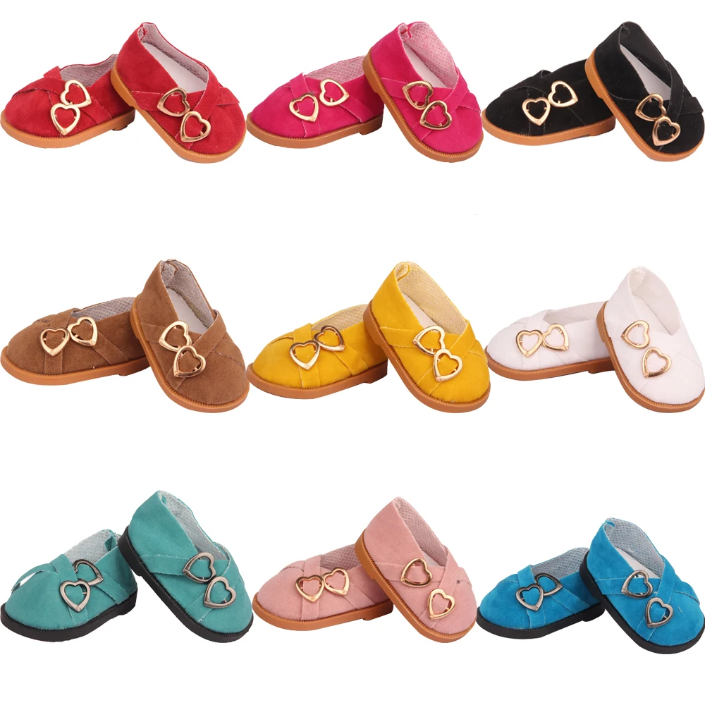 7 cm Leather Doll Shoes For American 18 Inch Doll Double Hearts Villus Shoes Boots For 43 cm Baby New Born&OG,1/3 BJD Girl Doll