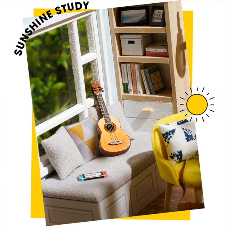 Wooden Miniature Sunshine Study DollHouse DIY Small House Kit Making Room Toys Assembly Building Model Doll House Toys For Gifts