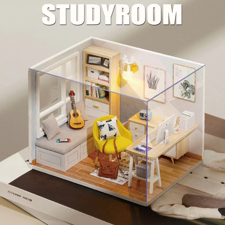 Wooden Miniature Sunshine Study DollHouse DIY Small House Kit Making Room Toys Assembly Building Model Doll House Toys For Gifts