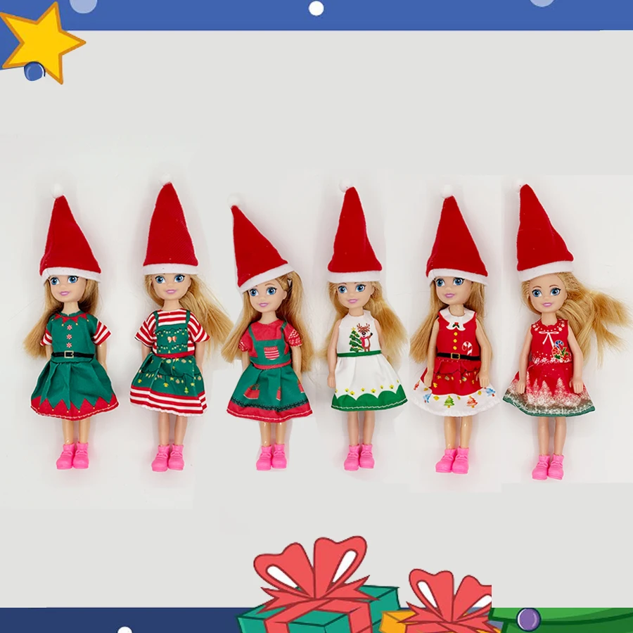 6PCS Fashion Christmas Day Outfit Dresses for 5 In/12cm Dolls Clothes with Hat Doll Accessories Christmas Gift