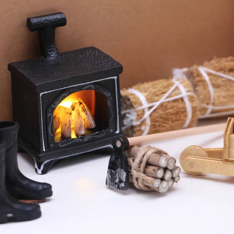 1PCS Dollhouse Miniature Fireplace Glowing Stove Model House Furniture Kitchen Living Scene Decor Toy