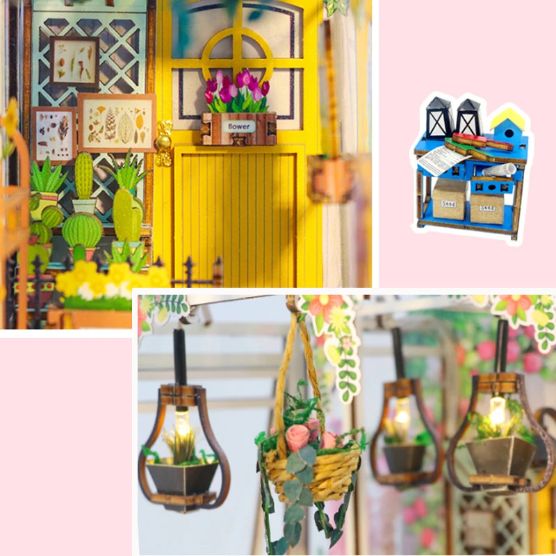 DIY Garden House Wooden Doll House Book Nook Shelf Insert 3D Puzzle Assembly Building Flower Model Room Bookshelf Dollhouse Gift